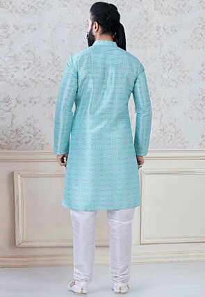 Digital Printed Art Silk Kurta Set in Sky Blue