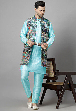 Digital Printed Art Silk Kurta Set in Sky Blue