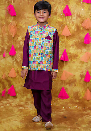 Digital Printed Art Silk Kurta Set in Violet
