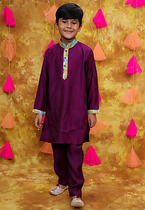 Digital Printed Art Silk Kurta Set in Violet