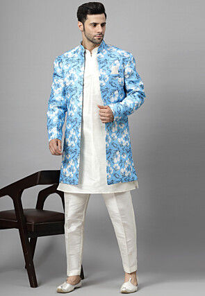 Digital Printed Art Silk Sherwani in White and Sky Blue
