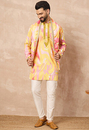 Digital Printed Art Silk Kurta Set in Yellow