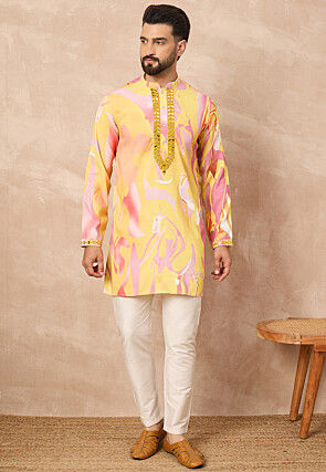 Digital Printed Art Silk Kurta Set in Yellow