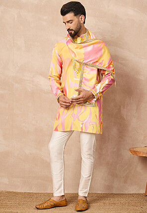 Digital Printed Art Silk Kurta Set in Yellow