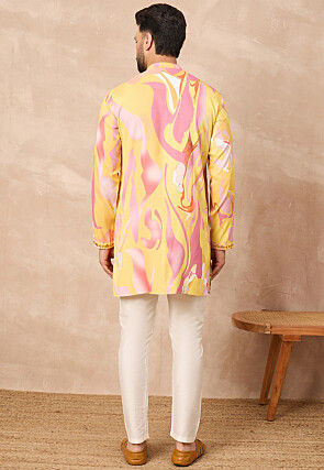Digital Printed Art Silk Kurta Set in Yellow