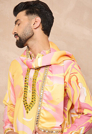 Digital Printed Art Silk Kurta Set in Yellow