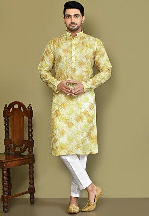 Digital Printed Art Silk Kurta Set in Yellow
