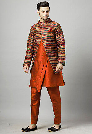 Digital Printed Art Silk Layered Kurta Set in Rust