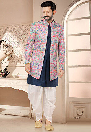 Digital Printed Art Silk Layered Sherwani in Blue and Multicolor