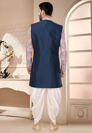 Digital Printed Art Silk Layered Sherwani in Blue and Multicolor