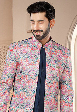 Digital Printed Art Silk Layered Sherwani in Blue and Multicolor