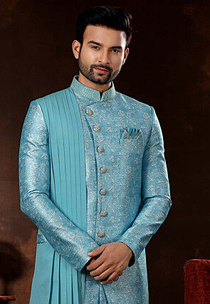 Digital printed Art Silk Layered Sherwani in Sky Blue