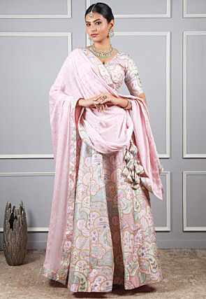 Digital Printed Art Silk Lehenga in Baby Pink
