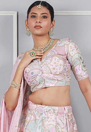 Digital Printed Art Silk Lehenga in Baby Pink