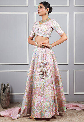 Digital Printed Art Silk Lehenga in Baby Pink