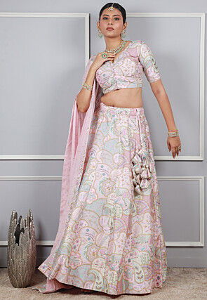 Digital Printed Art Silk Lehenga in Baby Pink