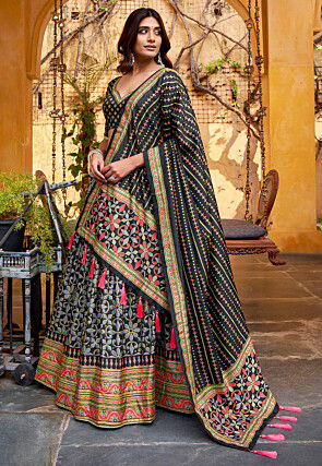 Digital Printed Art Silk Lehenga in Black