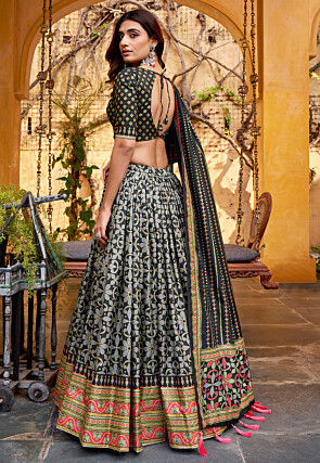Digital Printed Art Silk Lehenga in Black
