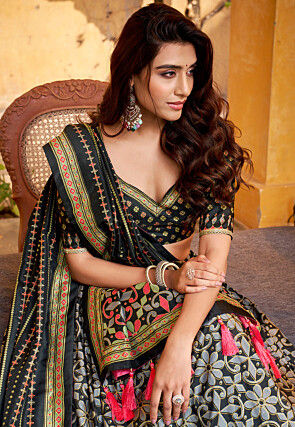 Digital Printed Art Silk Lehenga in Black