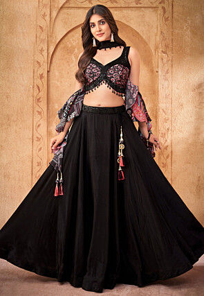 Digital Printed Art Silk Lehenga in Black