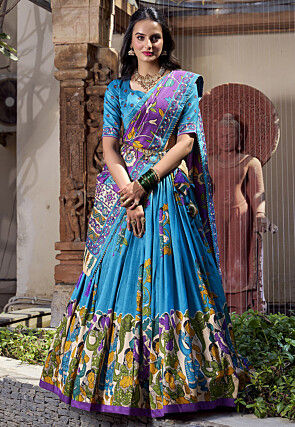 Digital Printed Art Silk Lehenga in Blue