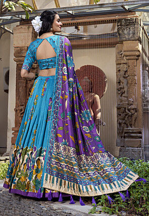 Digital Printed Art Silk Lehenga in Blue