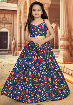 Digital Printed Art Silk Lehenga in Blue