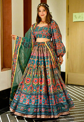 Digital Printed Art Silk Lehenga in Brown and Multicolor