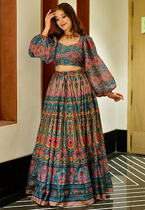 Digital Printed Art Silk Lehenga in Brown and Multicolor