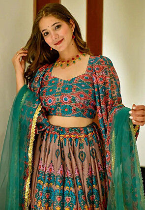 Digital Printed Art Silk Lehenga in Brown and Multicolor