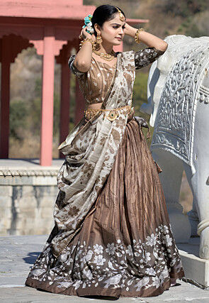 Digital Printed Art Silk Lehenga in Brown