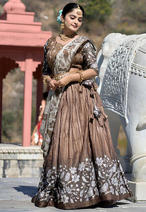 Digital Printed Art Silk Lehenga in Brown