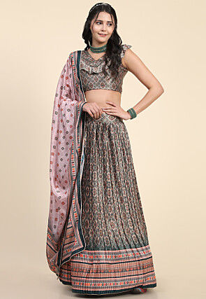 Digital Printed Art Silk Lehenga in Brown