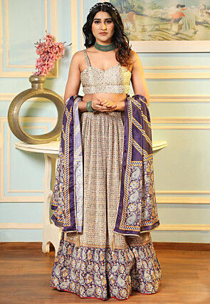 Digital Printed Satin Lehenga in Cream