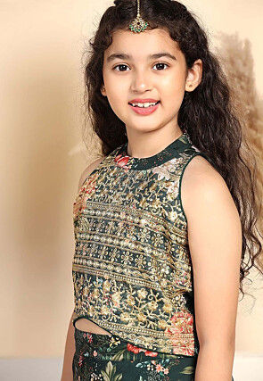 Digital Printed Art Silk Lehenga in Dark Green