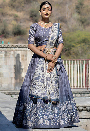 Digital Printed Art Silk Lehenga in Dusty Blue