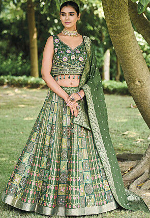 Digital Printed Art Silk Lehenga in Green
