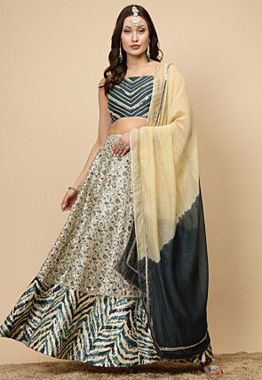 Digital Printed Art Silk Lehenga in Light Beige