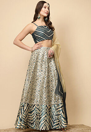 Digital Printed Art Silk Lehenga in Light Beige