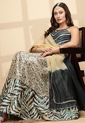 Digital Printed Art Silk Lehenga in Light Beige