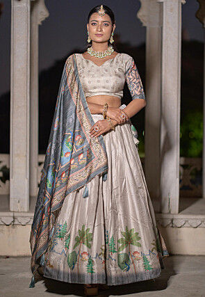 Digital Printed Art Silk Lehenga in Light Grey