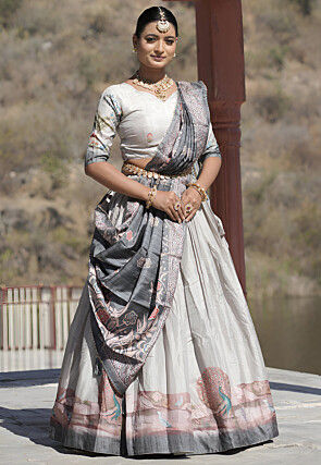Digital Printed Art Silk Lehenga in Light Grey