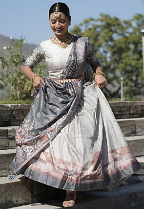 Digital Printed Art Silk Lehenga in Light Grey