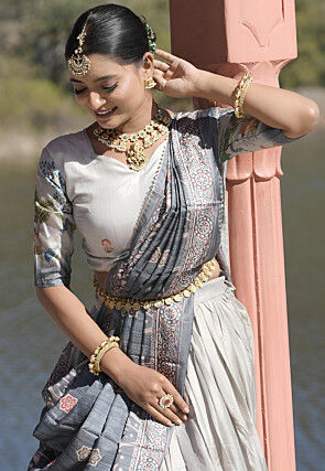 Digital Printed Art Silk Lehenga in Light Grey