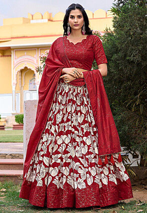 Digital Printed Art Silk Lehenga in Maroon