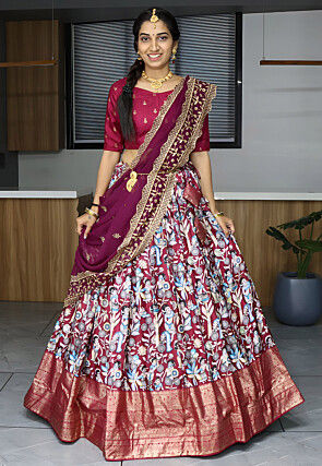 Digital Printed Art Silk Lehenga in Maroon