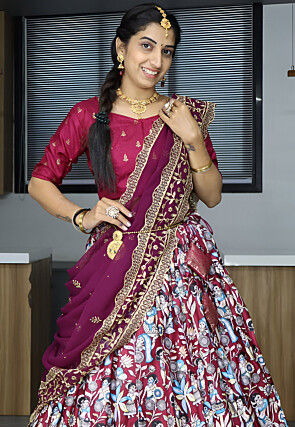 Digital Printed Art Silk Lehenga in Maroon