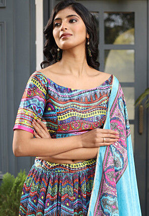 Digital Printed Satin Lehenga in Multicolor