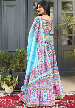 Digital Printed Satin Lehenga in Multicolor