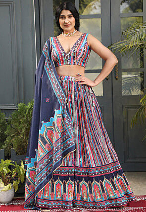 Digital Printed Satin Lehenga in Multicolor